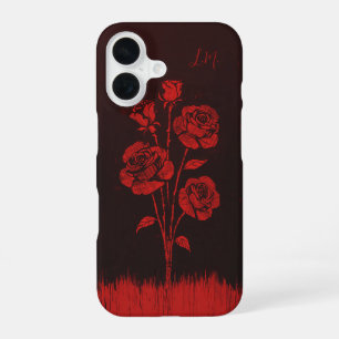 Grunge Roses Black Red Monogram Custom Name iPhone 16 Case