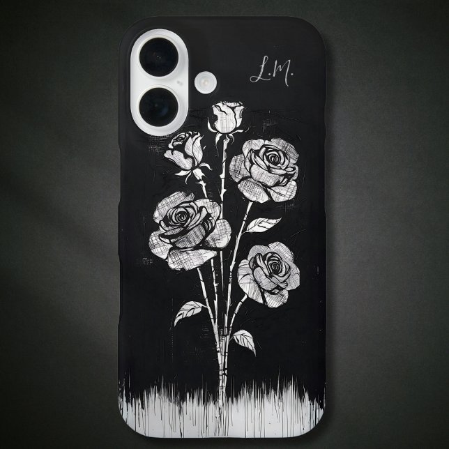 Grunge Roses Black White Monogram Custom Name Case-Mate iPhone Case (Creator Uploaded)