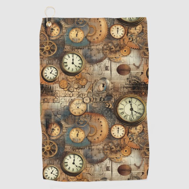 Grunge Rustic Steampunk Clock (10) Golf Towel (Front)