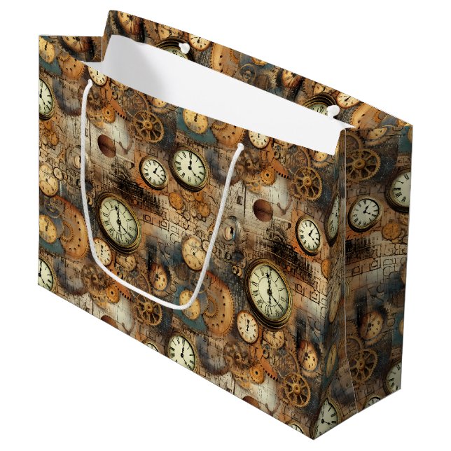 Grunge Rustic Steampunk Clock (10) Large Gift Bag (Front Angled)