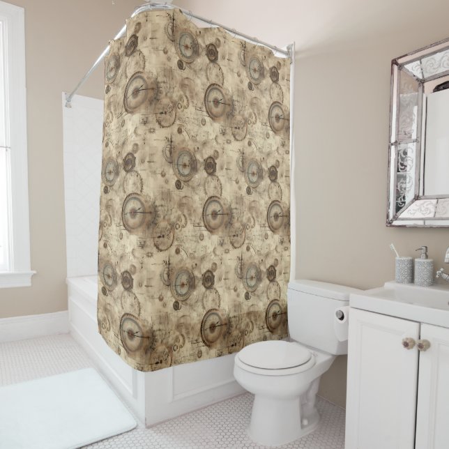 Grunge Rustic Steampunk Clock (11) Shower Curtain (In Situ)