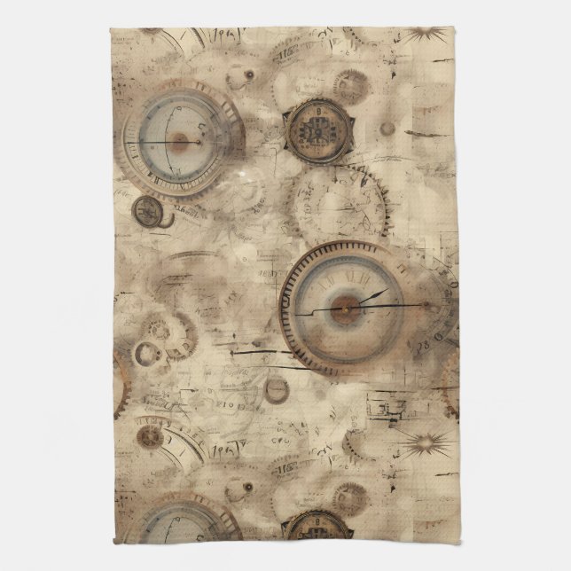 Grunge Rustic Steampunk Clock (11) Tea Towel (Vertical)
