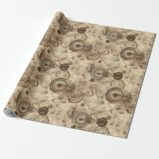 Grunge Rustic Steampunk Clock (11) Wrapping Paper (Unrolled)