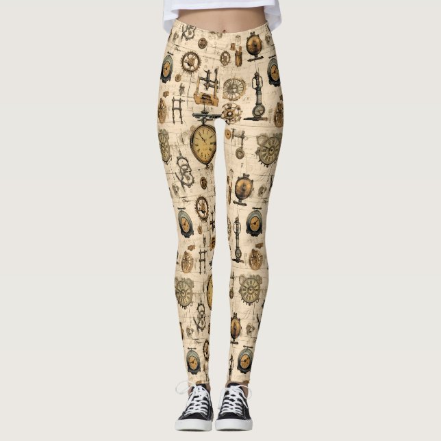 Grunge Rustic Steampunk Clock (13) Leggings (Front)