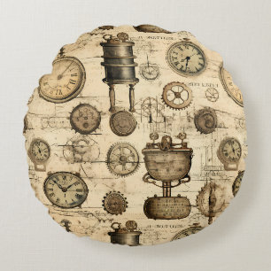 Grunge Rustic Steampunk Clock (14) Round Cushion