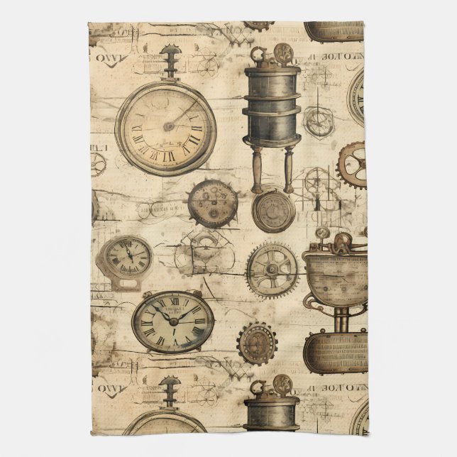 Grunge Rustic Steampunk Clock (14) Tea Towel (Vertical)