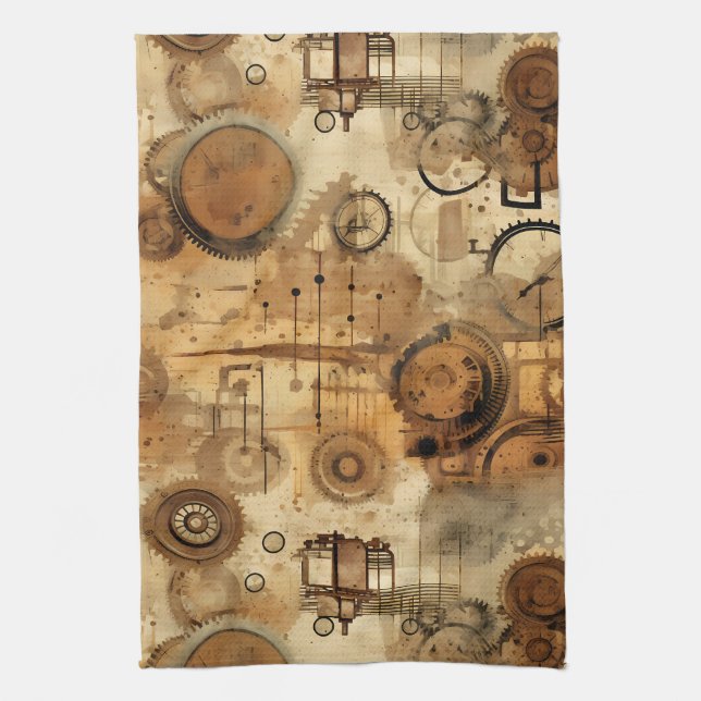 Grunge Rustic Steampunk Clock (1) Tea Towel (Vertical)