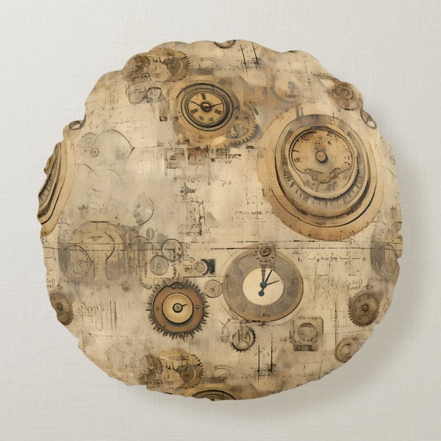 Grunge Rustic Steampunk Clock (2) Round Cushion (Front)
