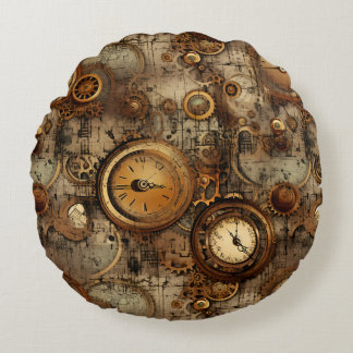 Grunge Rustic Steampunk Clock (3) Round Cushion
