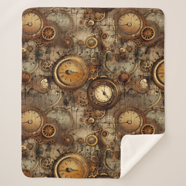Grunge Rustic Steampunk Clock (3) Sherpa Blanket (Front)