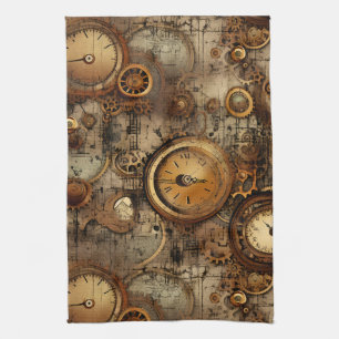 Grunge Rustic Steampunk Clock (3) Tea Towel