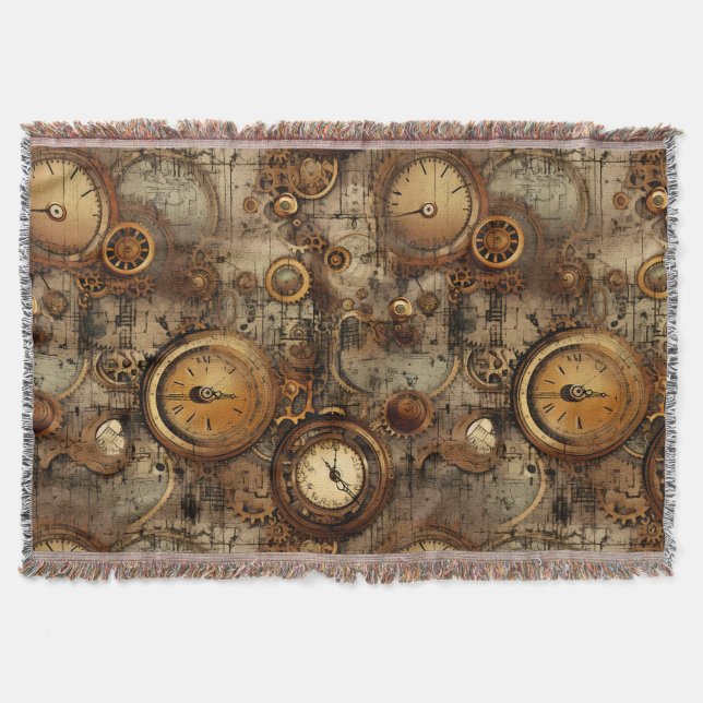 Grunge Rustic Steampunk Clock (3) Throw Blanket (Front)