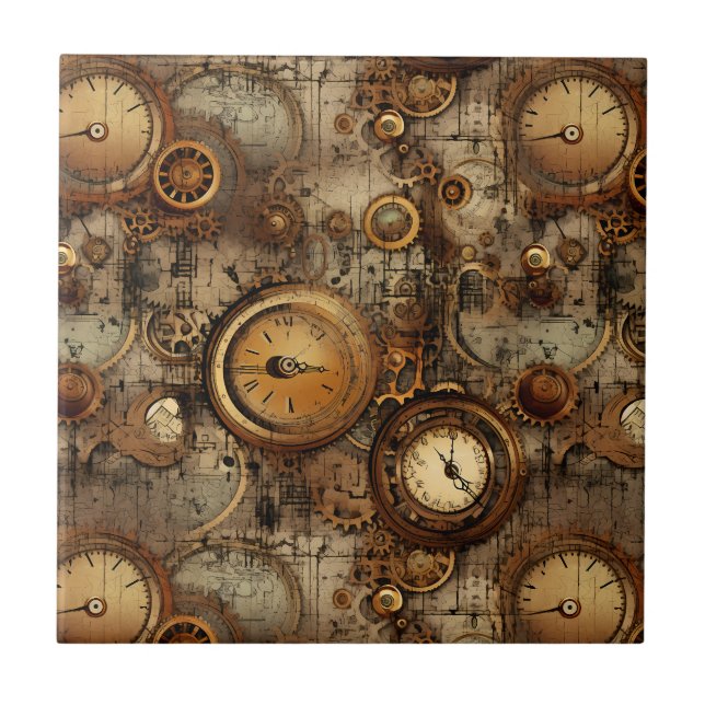 Grunge Rustic Steampunk Clock (3) Tile (Front)
