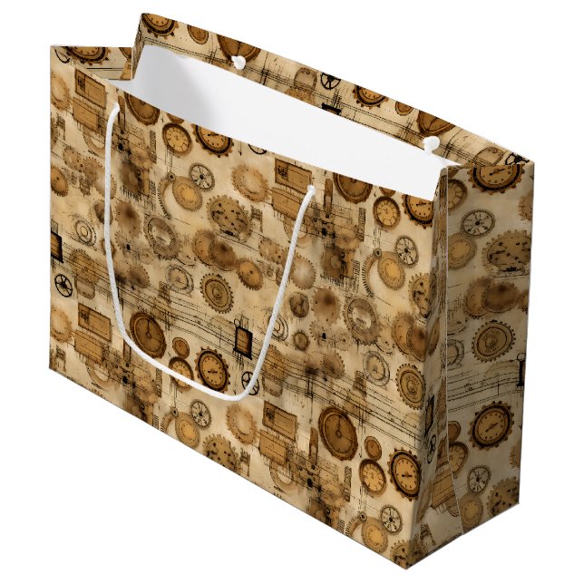 Grunge Rustic Steampunk Clock (4) Large Gift Bag (Front Angled)