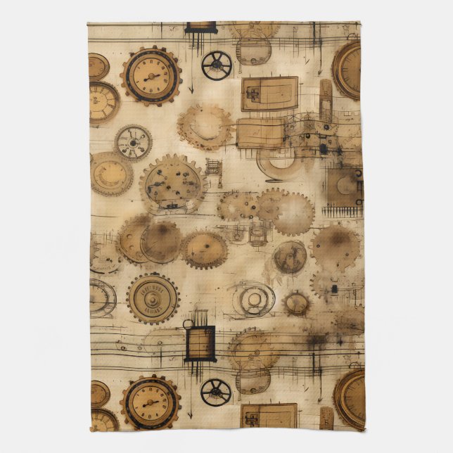 Grunge Rustic Steampunk Clock (4) Tea Towel (Vertical)