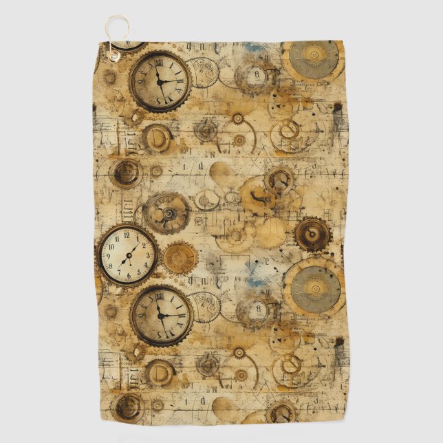 Grunge Rustic Steampunk Clock (5) Golf Towel (Front)