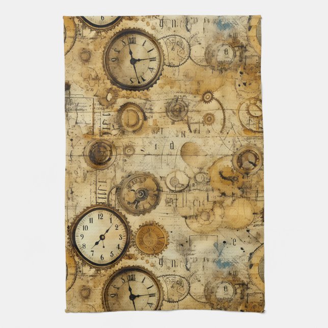 Grunge Rustic Steampunk Clock (5) Tea Towel (Vertical)