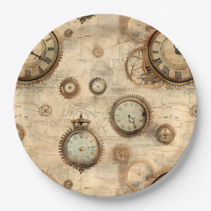 Grunge Rustic Steampunk Clock (6) Paper Plate