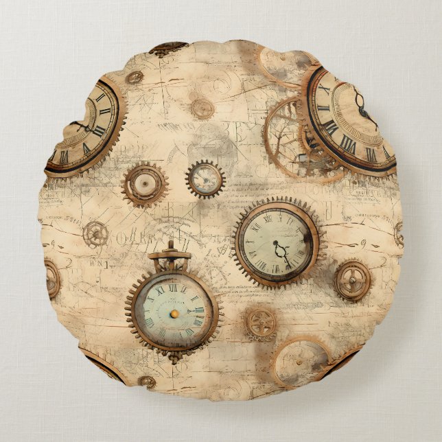 Grunge Rustic Steampunk Clock (6) Round Cushion (Front)