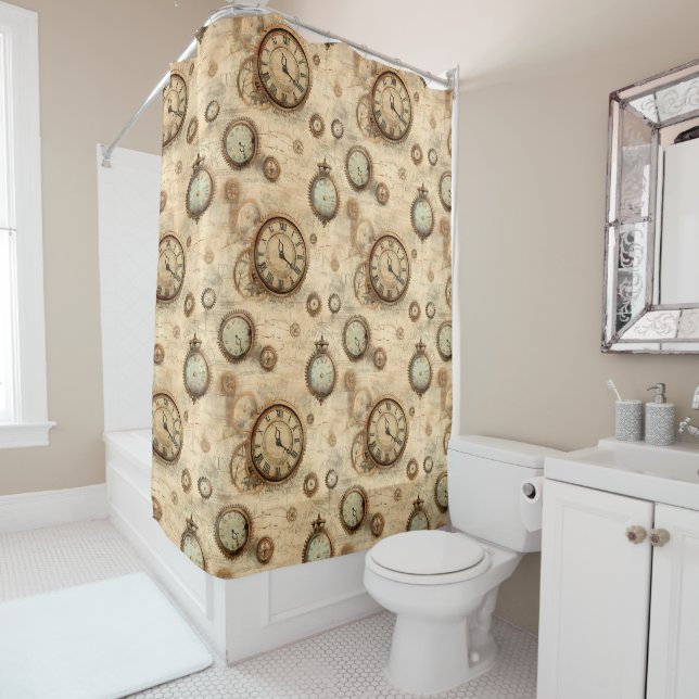 Grunge Rustic Steampunk Clock (6) Shower Curtain (In Situ)