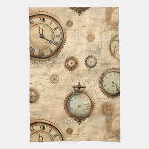Grunge Rustic Steampunk Clock (6) Tea Towel