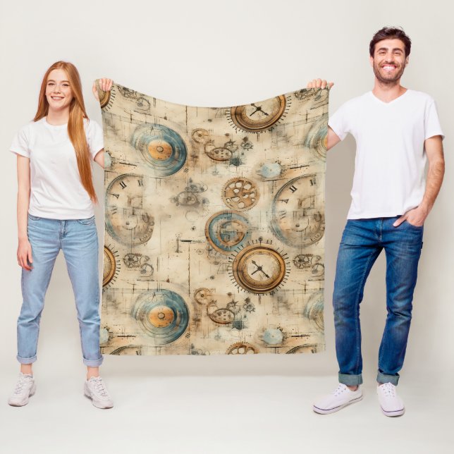 Grunge Rustic Steampunk Clock (7) Fleece Blanket (In Situ)