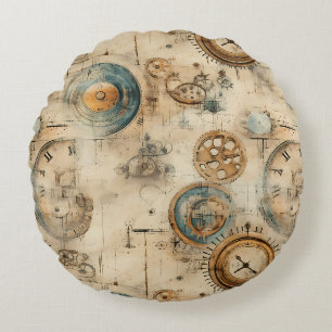 Grunge Rustic Steampunk Clock (7) Round Cushion