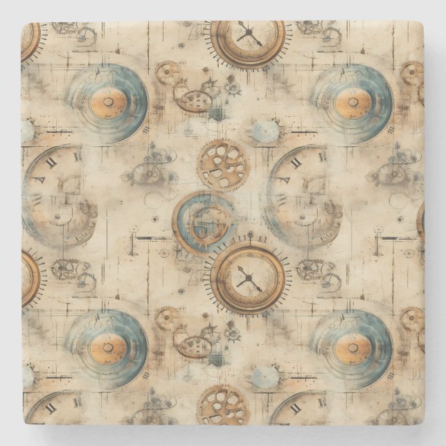 Grunge Rustic Steampunk Clock (7) Stone Coaster (Front)