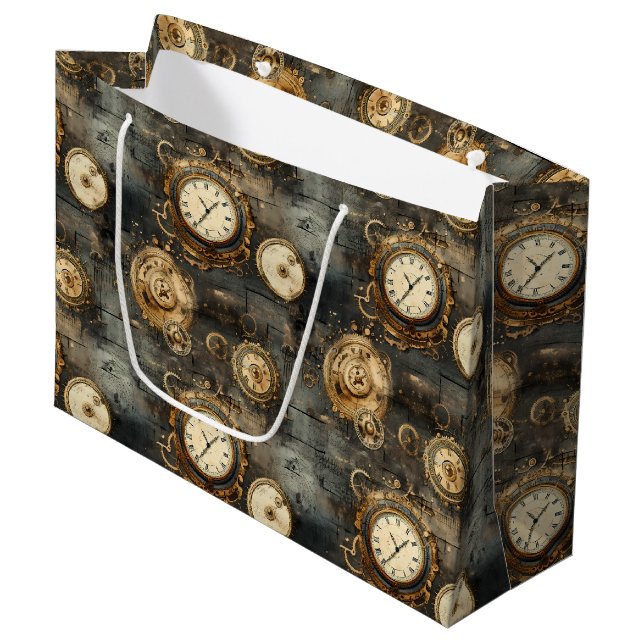 Grunge Rustic Steampunk Clock (8) Large Gift Bag (Front Angled)