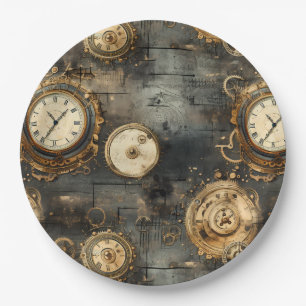 Grunge Rustic Steampunk Clock (8) Paper Plate