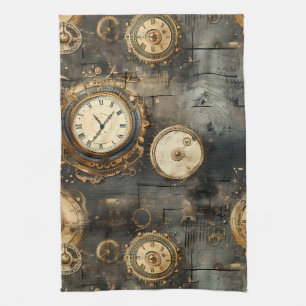 Grunge Rustic Steampunk Clock (8) Tea Towel