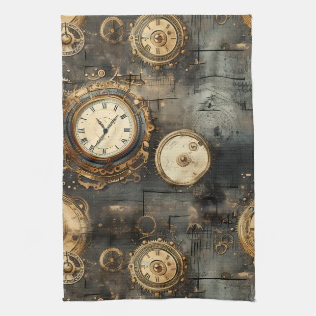 Grunge Rustic Steampunk Clock (8) Tea Towel (Vertical)