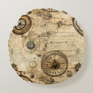 Grunge Rustic Steampunk Clock (9) Round Cushion