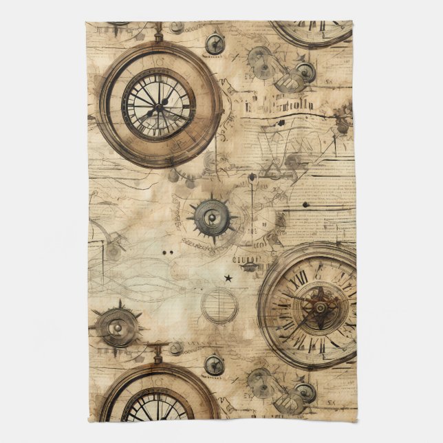 Grunge Rustic Steampunk Clock (9) Tea Towel (Vertical)