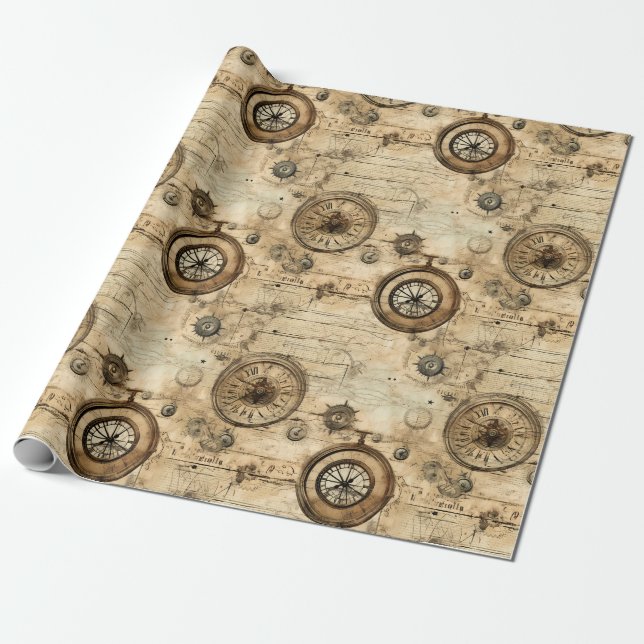Grunge Rustic Steampunk Clock (9) Wrapping Paper (Unrolled)
