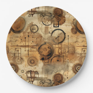 Grunge Rustic Steampunk Clock Paper Plate