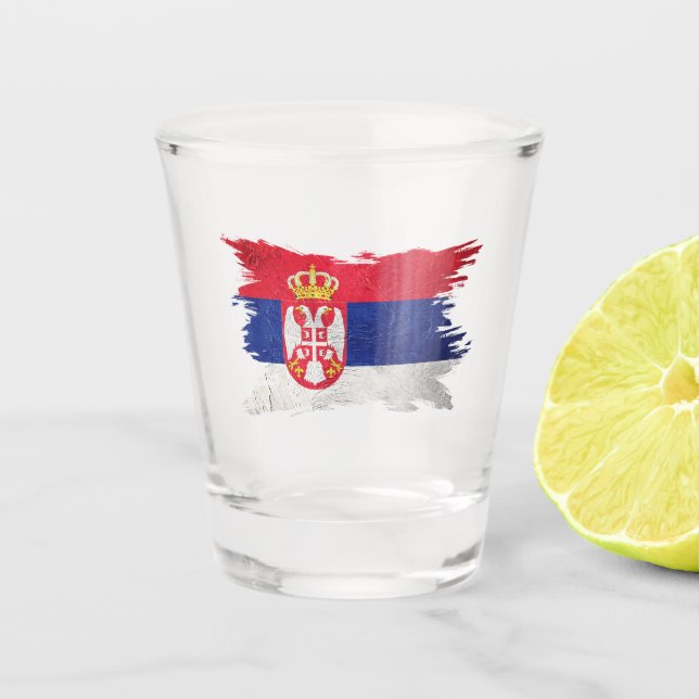 Grunge Serbian flag, Brush stroke, Serbia flag Shot Glass (Front)