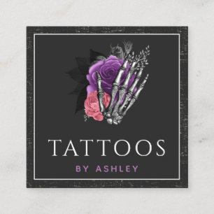 Grunge Skeleton Hand Floral Roses Tattoo Artist Square Business Card