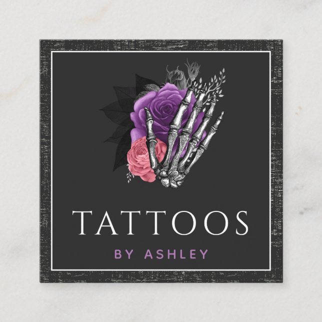 Grunge Skeleton Hand Floral Roses Tattoo Artist Square Business Card (Front)