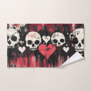 Grunge Skull and Hearts- Bold Red and Black Art Hand Towel