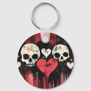 Grunge Skull and Hearts- Bold Red and Black Art Key Ring