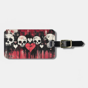 Grunge Skull and Hearts- Bold Red and Black Art Luggage Tag