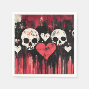 Grunge Skull and Hearts- Bold Red and Black Art Napkin