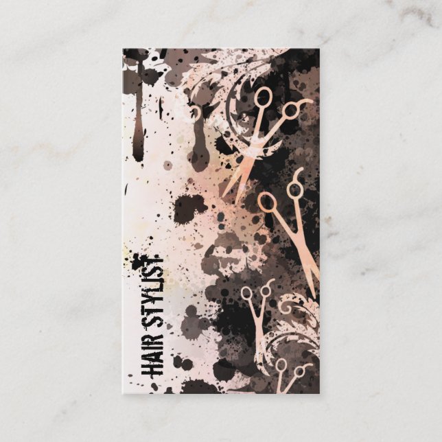 grunge spray paint splatter peach hair stylist business card (Front)