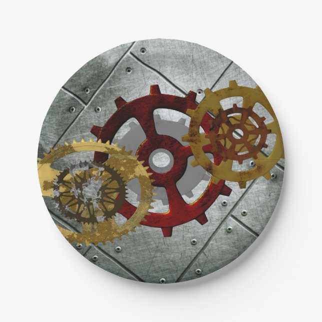 Grunge Steampunk Clocks and Gears Paper Plate (Front)