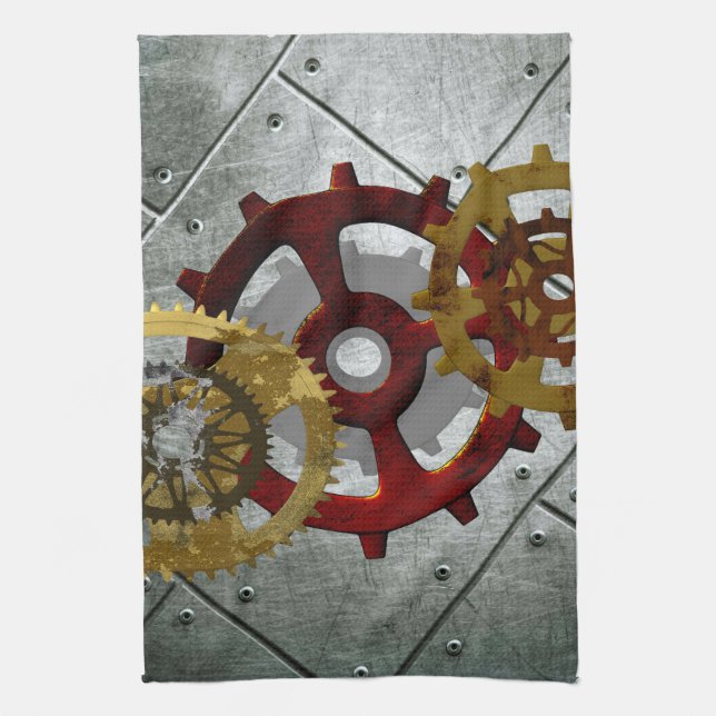 Grunge Steampunk Clocks and Gears Tea Towel (Vertical)