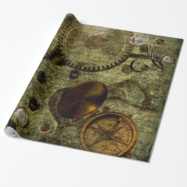 Grunge Steampunk Clocks and Gears Wrapping Paper (Unrolled)