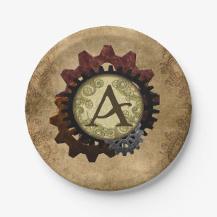 Grunge Steampunk Gears Monogram Letter A Paper Plate