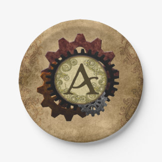 Grunge Steampunk Gears Monogram Letter A Paper Plate