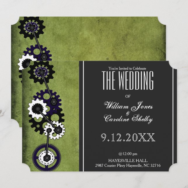 Grunge Steampunk Gears Wedding Invitation (Front/Back)